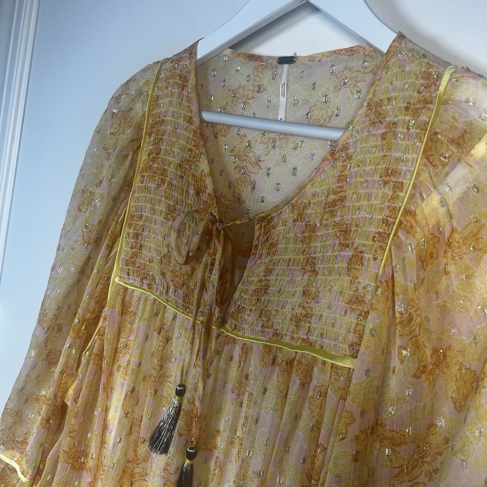 Free People Summers Orange Metallic Sheer Floral Tassel Festival Swing Dress Med - Picture 7 of 13